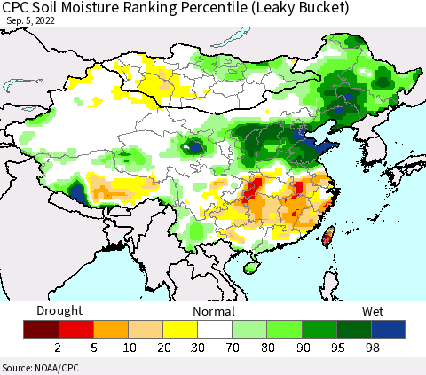 China, Mongolia and Taiwan CPC Soil Moisture Ranking Percentile (Leaky Bucket) Thematic Map For 9/1/2022 - 9/5/2022