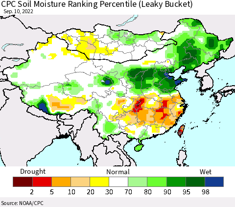 China, Mongolia and Taiwan CPC Soil Moisture Ranking Percentile (Leaky Bucket) Thematic Map For 9/6/2022 - 9/10/2022