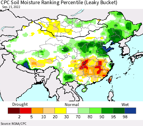 China, Mongolia and Taiwan CPC Soil Moisture Ranking Percentile (Leaky Bucket) Thematic Map For 9/11/2022 - 9/15/2022