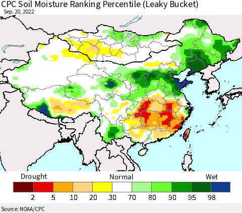 China, Mongolia and Taiwan CPC Soil Moisture Ranking Percentile (Leaky Bucket) Thematic Map For 9/16/2022 - 9/20/2022