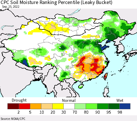 China, Mongolia and Taiwan CPC Soil Moisture Ranking Percentile (Leaky Bucket) Thematic Map For 9/21/2022 - 9/25/2022