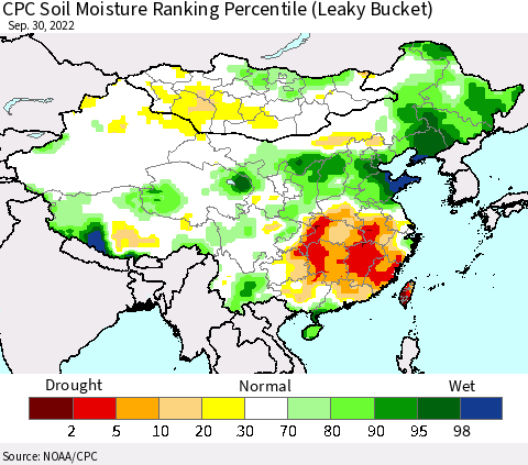 China, Mongolia and Taiwan CPC Soil Moisture Ranking Percentile (Leaky Bucket) Thematic Map For 9/26/2022 - 9/30/2022