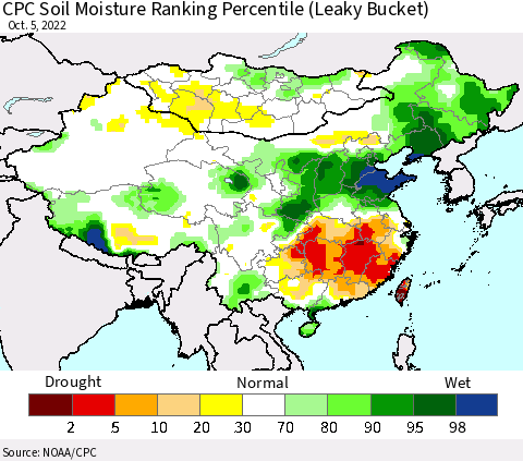 China, Mongolia and Taiwan CPC Soil Moisture Ranking Percentile (Leaky Bucket) Thematic Map For 10/1/2022 - 10/5/2022