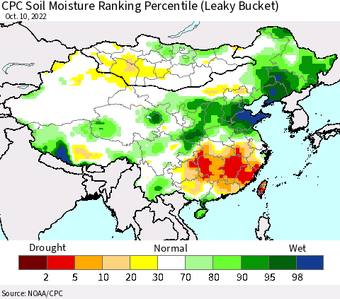 China, Mongolia and Taiwan CPC Soil Moisture Ranking Percentile (Leaky Bucket) Thematic Map For 10/6/2022 - 10/10/2022