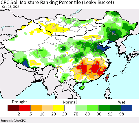China, Mongolia and Taiwan CPC Soil Moisture Ranking Percentile (Leaky Bucket) Thematic Map For 10/11/2022 - 10/15/2022