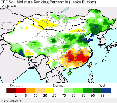China, Mongolia and Taiwan CPC Soil Moisture Ranking Percentile (Leaky Bucket) Thematic Map For 10/26/2022 - 10/31/2022