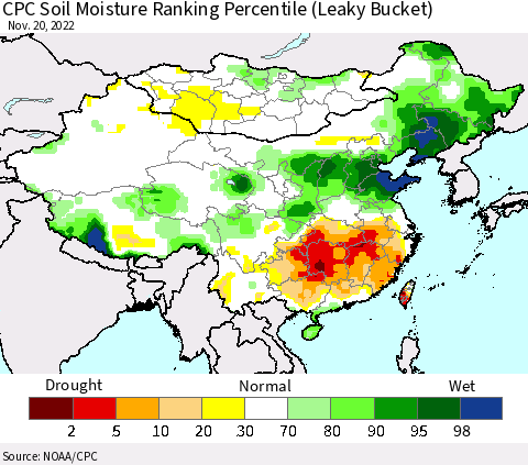 China, Mongolia and Taiwan CPC Soil Moisture Ranking Percentile (Leaky Bucket) Thematic Map For 11/16/2022 - 11/20/2022