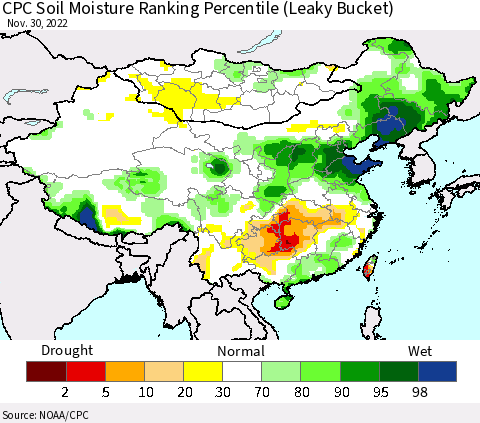 China, Mongolia and Taiwan CPC Soil Moisture Ranking Percentile (Leaky Bucket) Thematic Map For 11/26/2022 - 11/30/2022