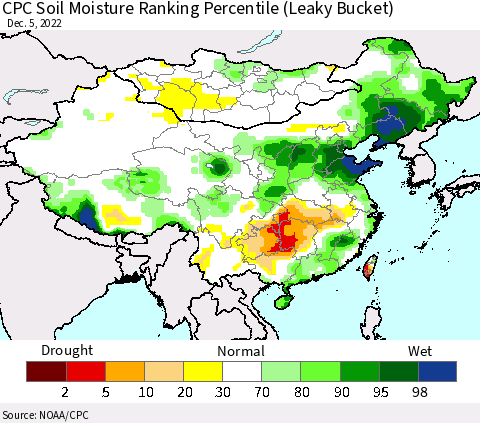 China, Mongolia and Taiwan CPC Soil Moisture Ranking Percentile (Leaky Bucket) Thematic Map For 12/1/2022 - 12/5/2022