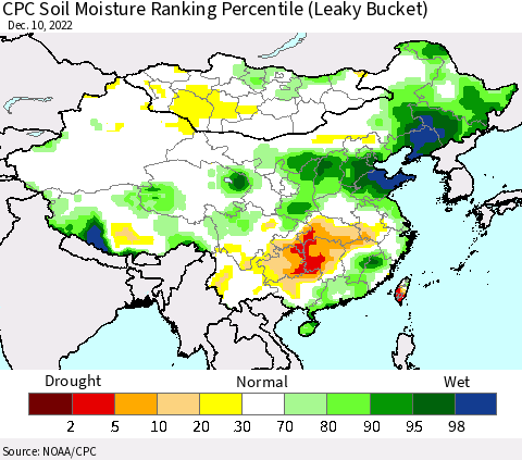 China, Mongolia and Taiwan CPC Soil Moisture Ranking Percentile (Leaky Bucket) Thematic Map For 12/6/2022 - 12/10/2022