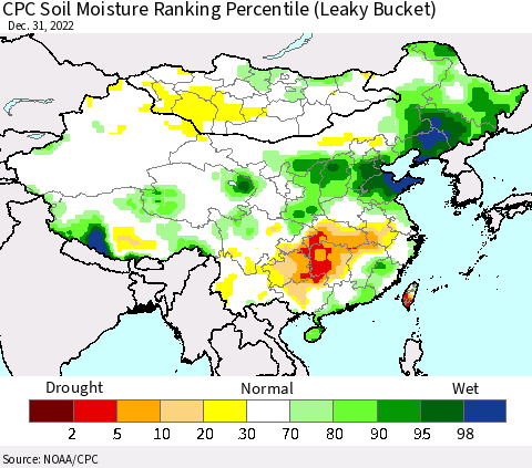 China, Mongolia and Taiwan CPC Soil Moisture Ranking Percentile (Leaky Bucket) Thematic Map For 12/26/2022 - 12/31/2022
