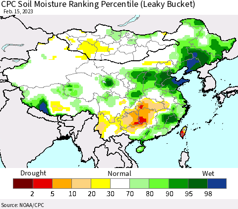 China, Mongolia and Taiwan CPC Soil Moisture Ranking Percentile (Leaky Bucket) Thematic Map For 2/11/2023 - 2/15/2023