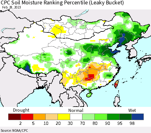 China, Mongolia and Taiwan CPC Soil Moisture Ranking Percentile (Leaky Bucket) Thematic Map For 2/26/2023 - 2/28/2023