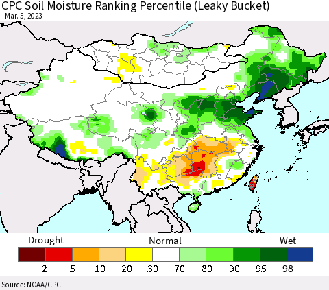 China, Mongolia and Taiwan CPC Soil Moisture Ranking Percentile (Leaky Bucket) Thematic Map For 3/1/2023 - 3/5/2023