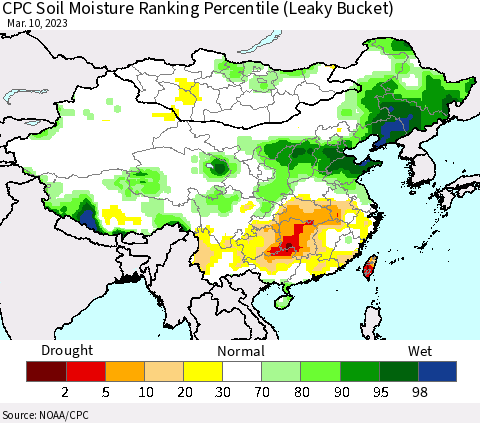 China, Mongolia and Taiwan CPC Soil Moisture Ranking Percentile (Leaky Bucket) Thematic Map For 3/6/2023 - 3/10/2023