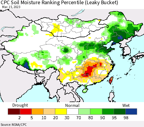 China, Mongolia and Taiwan CPC Soil Moisture Ranking Percentile (Leaky Bucket) Thematic Map For 3/11/2023 - 3/15/2023