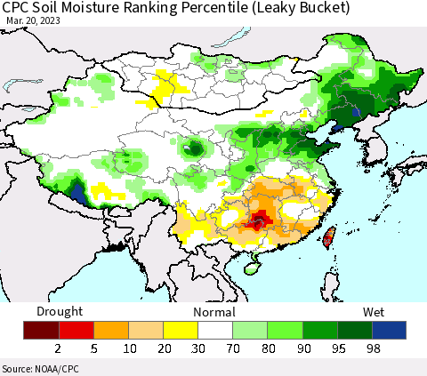 China, Mongolia and Taiwan CPC Soil Moisture Ranking Percentile (Leaky Bucket) Thematic Map For 3/16/2023 - 3/20/2023