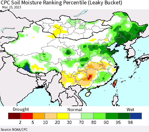 China, Mongolia and Taiwan CPC Soil Moisture Ranking Percentile (Leaky Bucket) Thematic Map For 3/21/2023 - 3/25/2023