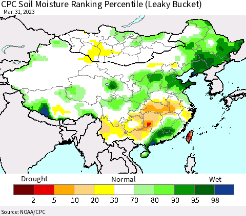 China, Mongolia and Taiwan CPC Soil Moisture Ranking Percentile (Leaky Bucket) Thematic Map For 3/26/2023 - 3/31/2023