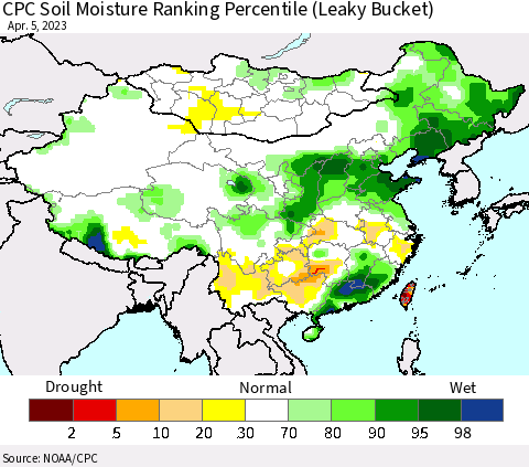China, Mongolia and Taiwan CPC Soil Moisture Ranking Percentile (Leaky Bucket) Thematic Map For 4/1/2023 - 4/5/2023