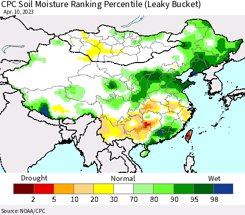 China, Mongolia and Taiwan CPC Soil Moisture Ranking Percentile (Leaky Bucket) Thematic Map For 4/6/2023 - 4/10/2023