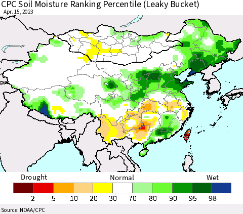 China, Mongolia and Taiwan CPC Soil Moisture Ranking Percentile (Leaky Bucket) Thematic Map For 4/11/2023 - 4/15/2023