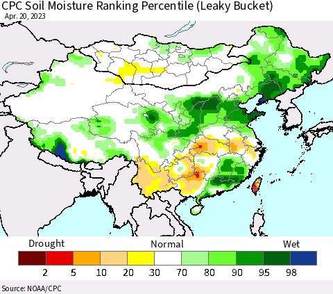 China, Mongolia and Taiwan CPC Soil Moisture Ranking Percentile (Leaky Bucket) Thematic Map For 4/16/2023 - 4/20/2023