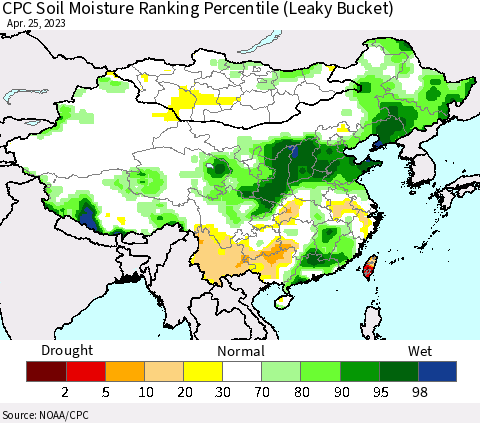 China, Mongolia and Taiwan CPC Soil Moisture Ranking Percentile (Leaky Bucket) Thematic Map For 4/21/2023 - 4/25/2023