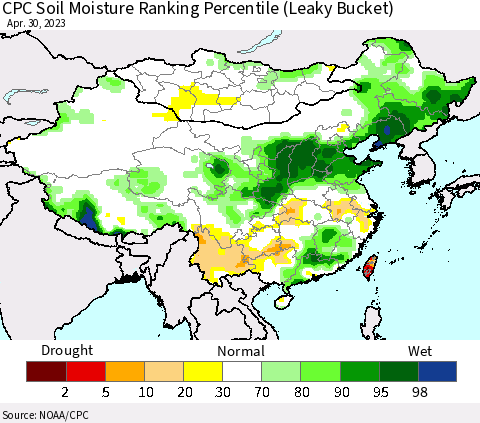China, Mongolia and Taiwan CPC Soil Moisture Ranking Percentile (Leaky Bucket) Thematic Map For 4/26/2023 - 4/30/2023