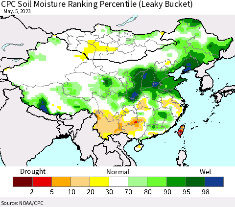 China, Mongolia and Taiwan CPC Soil Moisture Ranking Percentile (Leaky Bucket) Thematic Map For 5/1/2023 - 5/5/2023