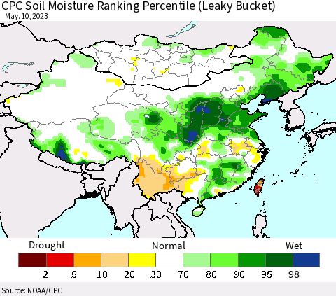 China, Mongolia and Taiwan CPC Soil Moisture Ranking Percentile (Leaky Bucket) Thematic Map For 5/6/2023 - 5/10/2023
