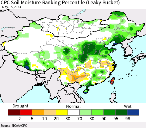 China, Mongolia and Taiwan CPC Soil Moisture Ranking Percentile (Leaky Bucket) Thematic Map For 5/11/2023 - 5/15/2023