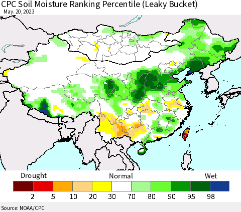 China, Mongolia and Taiwan CPC Soil Moisture Ranking Percentile (Leaky Bucket) Thematic Map For 5/16/2023 - 5/20/2023