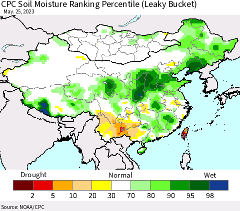 China, Mongolia and Taiwan CPC Soil Moisture Ranking Percentile (Leaky Bucket) Thematic Map For 5/21/2023 - 5/25/2023
