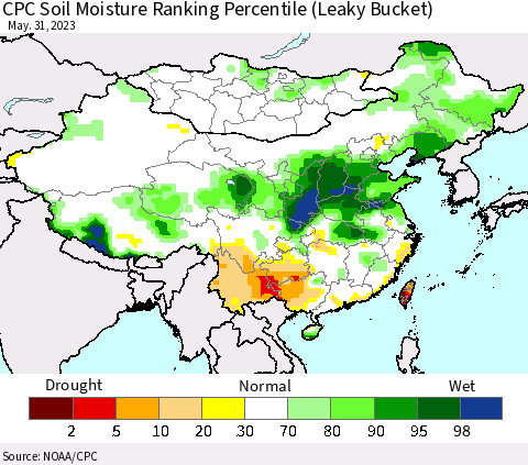 China, Mongolia and Taiwan CPC Soil Moisture Ranking Percentile (Leaky Bucket) Thematic Map For 5/26/2023 - 5/31/2023