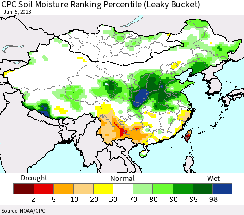 China, Mongolia and Taiwan CPC Soil Moisture Ranking Percentile (Leaky Bucket) Thematic Map For 6/1/2023 - 6/5/2023
