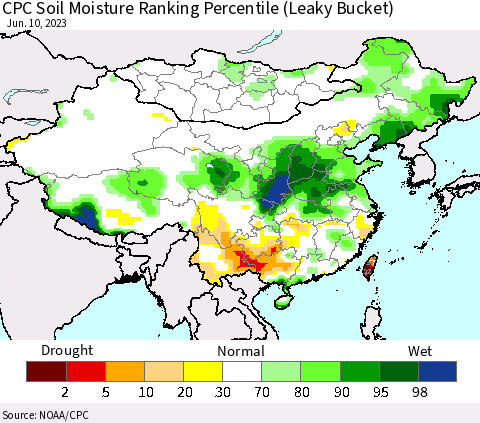China, Mongolia and Taiwan CPC Soil Moisture Ranking Percentile (Leaky Bucket) Thematic Map For 6/6/2023 - 6/10/2023
