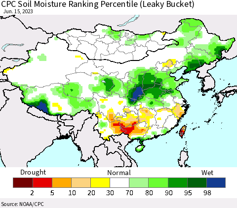 China, Mongolia and Taiwan CPC Soil Moisture Ranking Percentile (Leaky Bucket) Thematic Map For 6/11/2023 - 6/15/2023