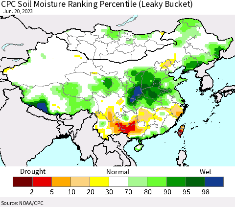 China, Mongolia and Taiwan CPC Soil Moisture Ranking Percentile (Leaky Bucket) Thematic Map For 6/16/2023 - 6/20/2023