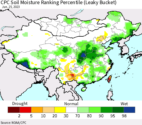 China, Mongolia and Taiwan CPC Soil Moisture Ranking Percentile (Leaky Bucket) Thematic Map For 6/21/2023 - 6/25/2023