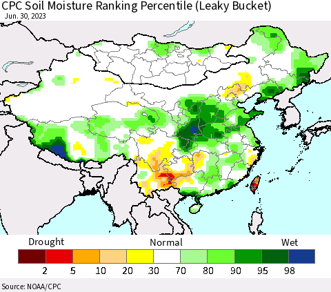 China, Mongolia and Taiwan CPC Soil Moisture Ranking Percentile (Leaky Bucket) Thematic Map For 6/26/2023 - 6/30/2023