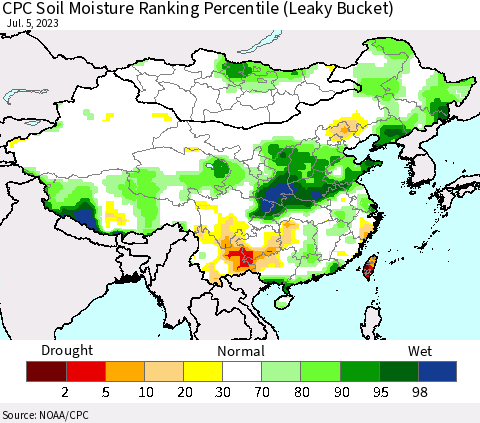 China, Mongolia and Taiwan CPC Soil Moisture Ranking Percentile (Leaky Bucket) Thematic Map For 7/1/2023 - 7/5/2023