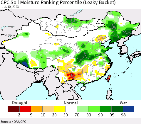 China, Mongolia and Taiwan CPC Soil Moisture Ranking Percentile (Leaky Bucket) Thematic Map For 7/6/2023 - 7/10/2023