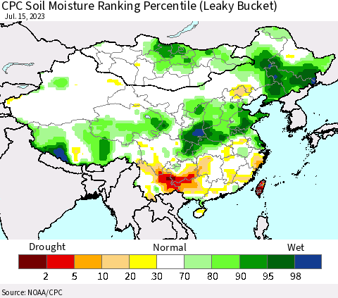 China, Mongolia and Taiwan CPC Soil Moisture Ranking Percentile (Leaky Bucket) Thematic Map For 7/11/2023 - 7/15/2023