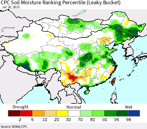 China, Mongolia and Taiwan CPC Soil Moisture Ranking Percentile (Leaky Bucket) Thematic Map For 7/16/2023 - 7/20/2023