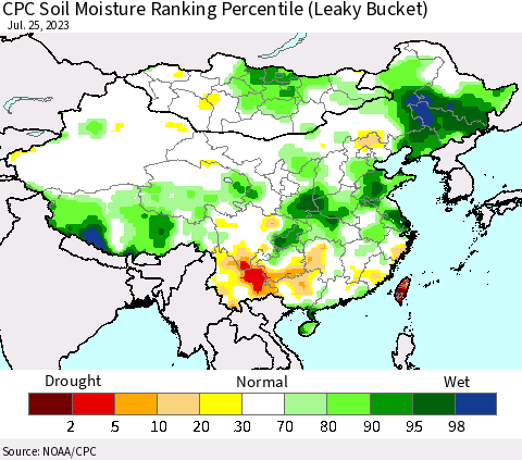 China, Mongolia and Taiwan CPC Soil Moisture Ranking Percentile (Leaky Bucket) Thematic Map For 7/21/2023 - 7/25/2023