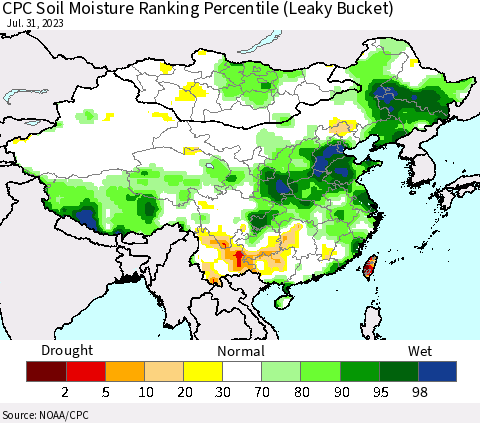 China, Mongolia and Taiwan CPC Soil Moisture Ranking Percentile (Leaky Bucket) Thematic Map For 7/26/2023 - 7/31/2023