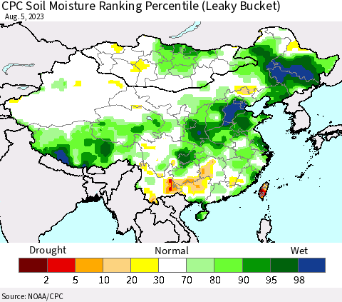 China, Mongolia and Taiwan CPC Soil Moisture Ranking Percentile (Leaky Bucket) Thematic Map For 8/1/2023 - 8/5/2023