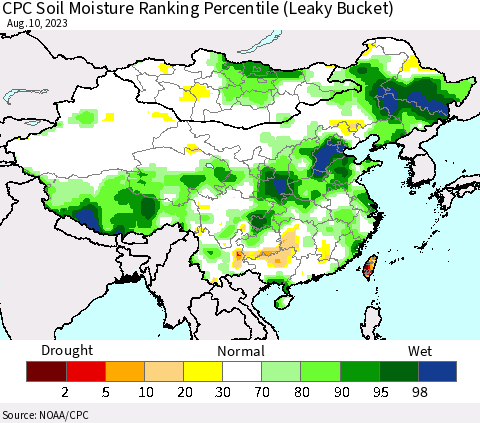 China, Mongolia and Taiwan CPC Soil Moisture Ranking Percentile (Leaky Bucket) Thematic Map For 8/6/2023 - 8/10/2023
