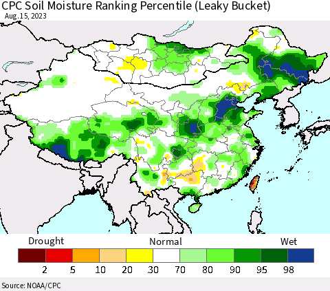 China, Mongolia and Taiwan CPC Soil Moisture Ranking Percentile (Leaky Bucket) Thematic Map For 8/11/2023 - 8/15/2023